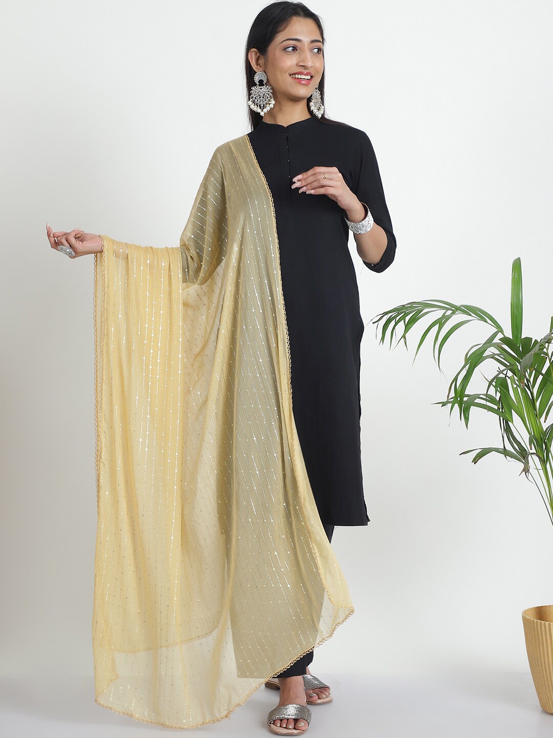 

LOOM LEGACY Printed Woven Design Sequinned Dupatta, Gold
