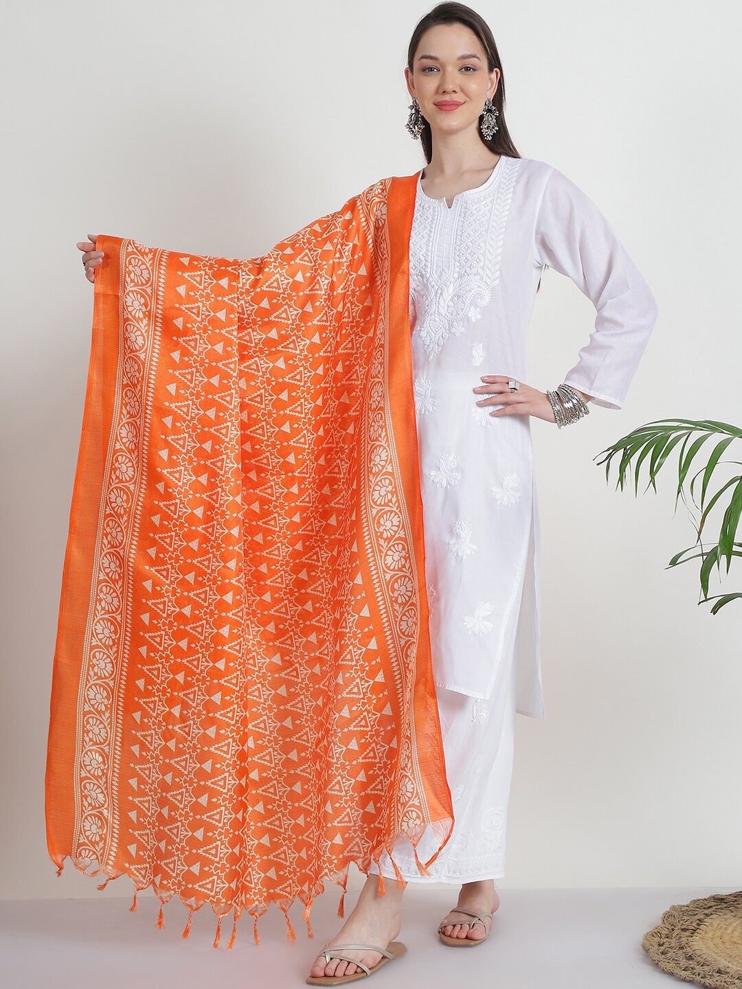 

LOOM LEGACY Ethnic Motifs Block Printed Tasselled Dupatta, Orange