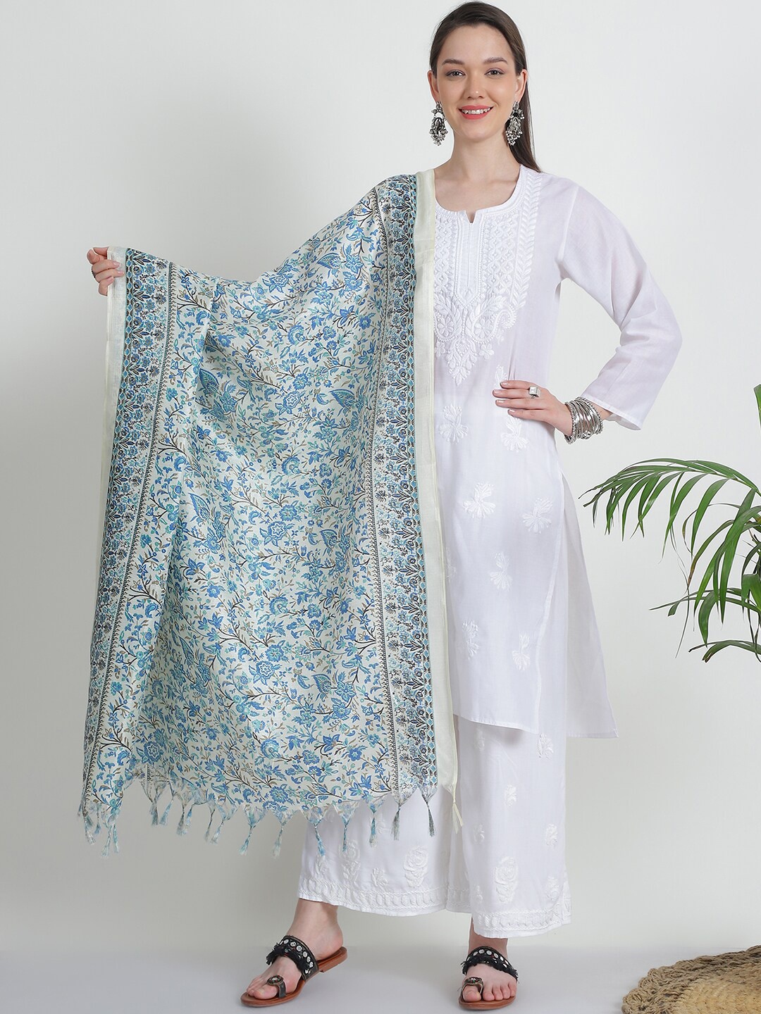 

LOOM LEGACY Ethnic Motifs Printed Woven Design Tasselled Dupatta, Turquoise blue