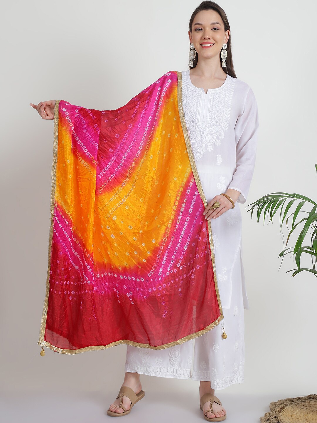

LOOM LEGACY Bandhani Printed With Gota Patti Border Dupatta, Pink