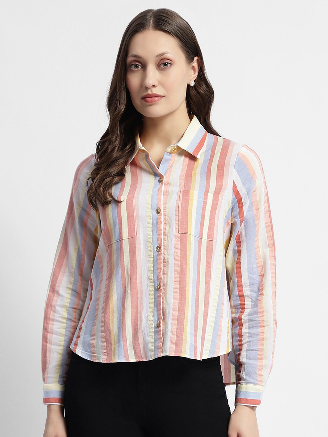 

Madame Striped Roll-Up Sleeves Pure Cotton Casual Shirt, Off white