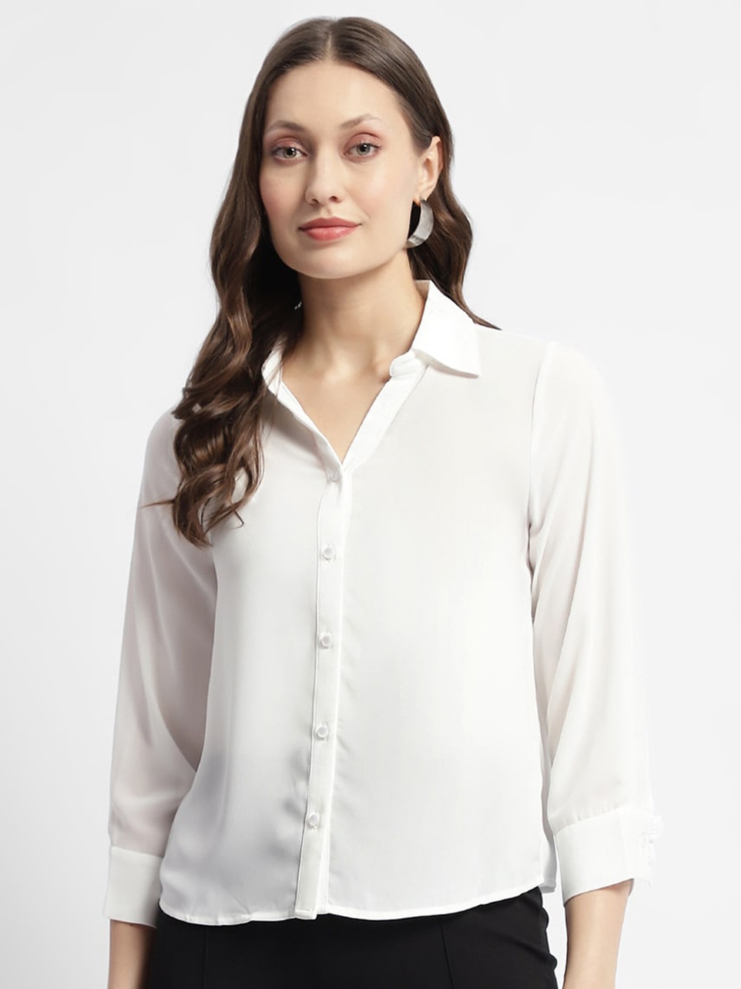 

Madame Spread Collar Semi Sheer Casual Shirt, White