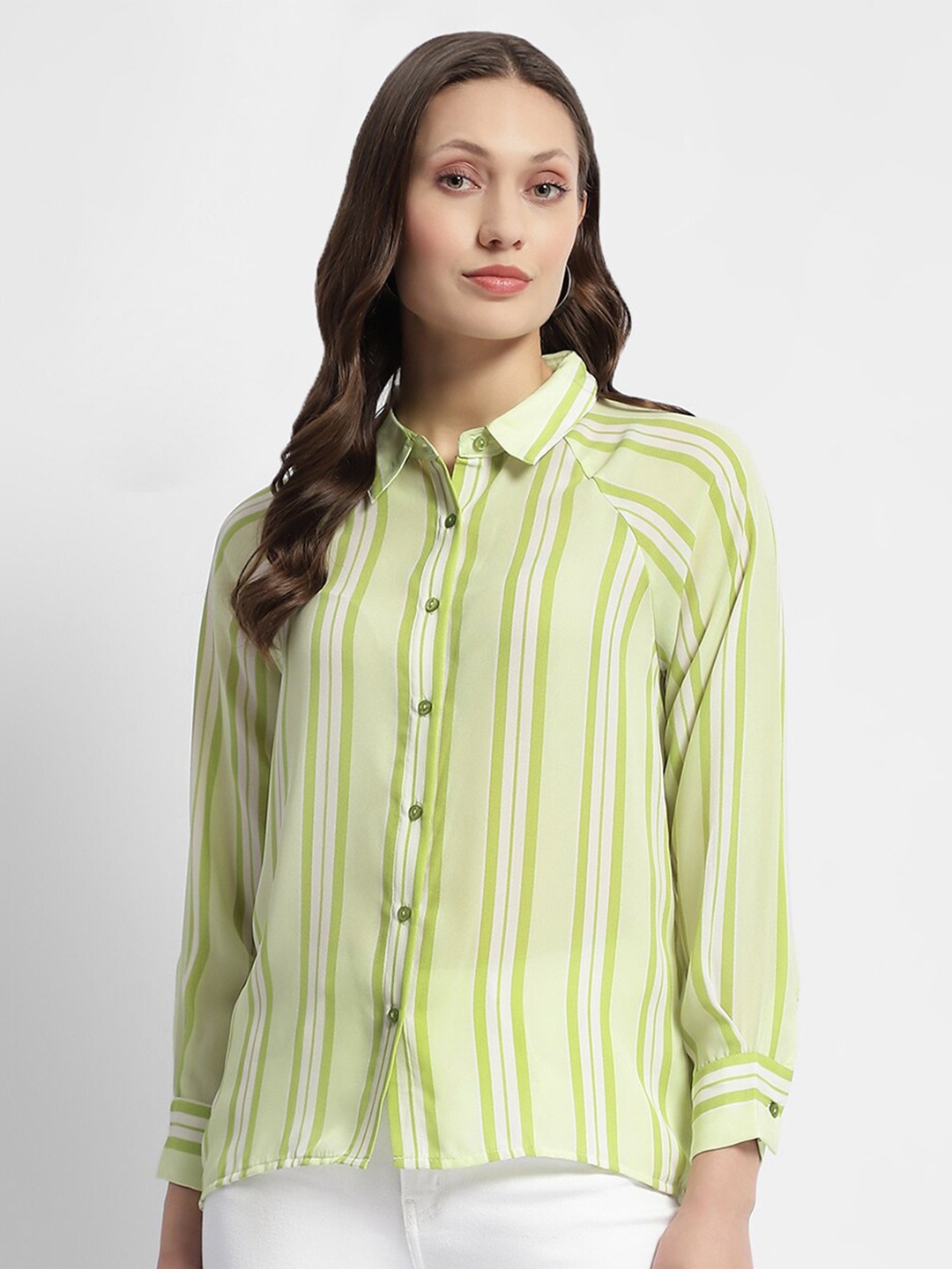 

Madame Striped Spread Collar Raglan Sleeves Casual Shirt, Green