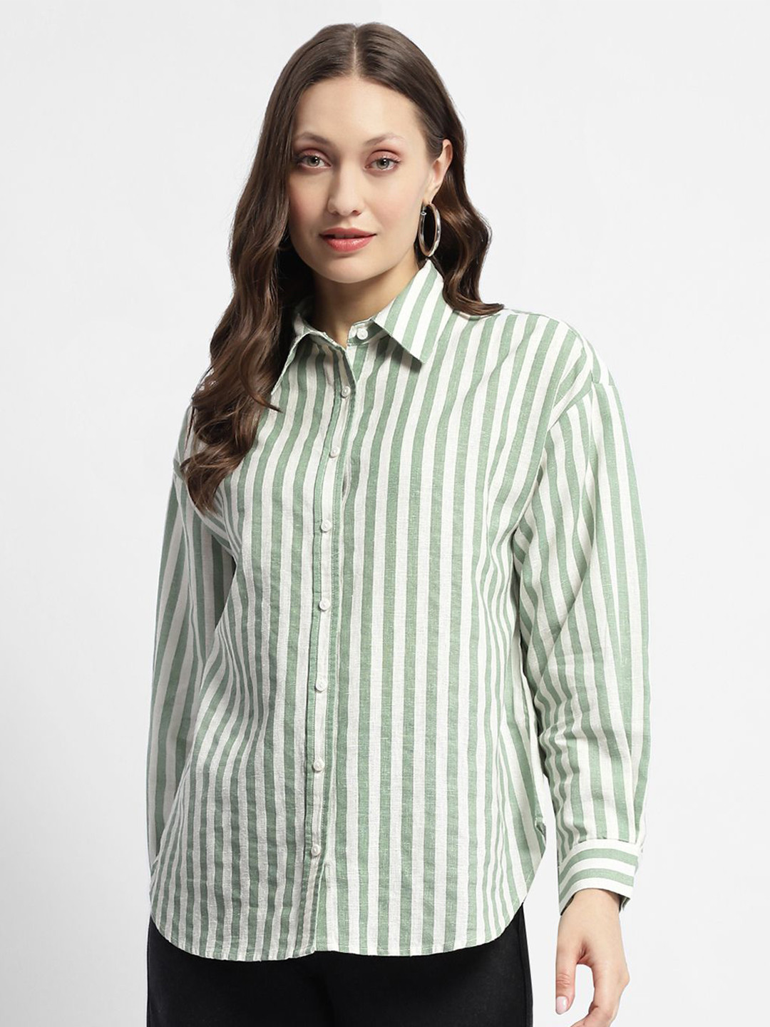 

Madame Striped Spread Collar Drop-Shoulder Sleeves Linen Cotton Casual Shirt, White
