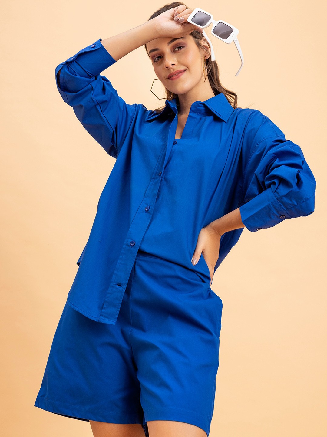 

Lounge Dreams Pure Cotton Collar Shirt With Shorts Co-Ords, Blue