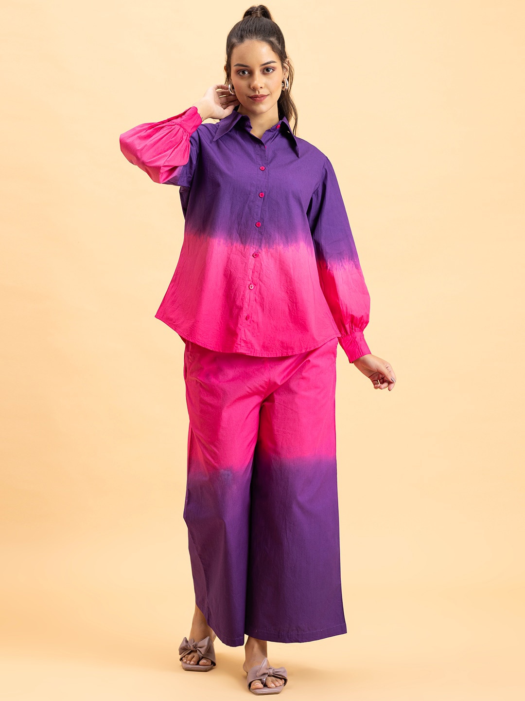 

Lounge Dreams Tye & Dye Printed Shirt Collar Neck Shirt & Flared Trouser Co-Ords, Purple