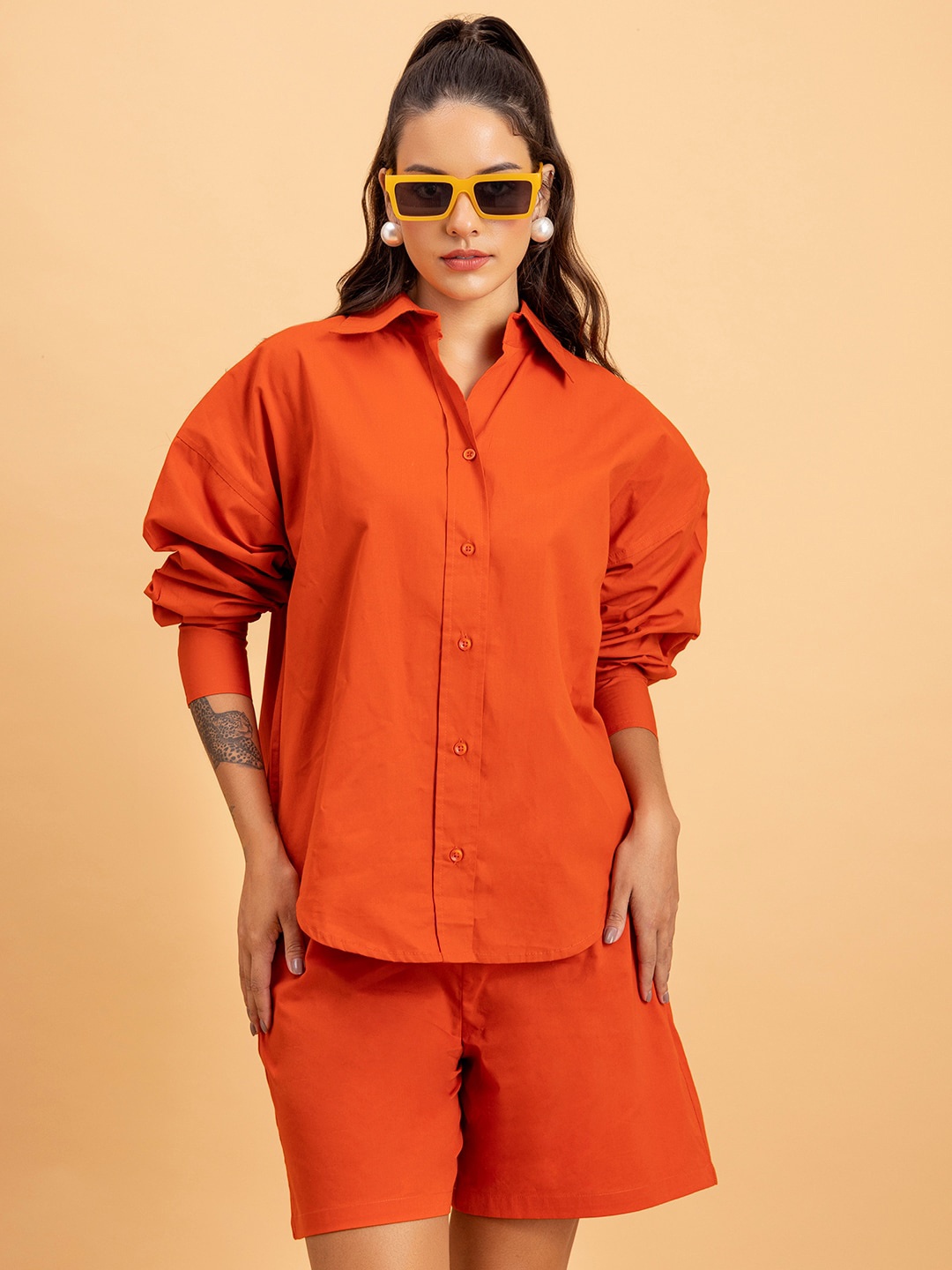 

Lounge Dreams Pure Cotton Shirt-Collar Shirt With Shorts Co-Ords, Rust