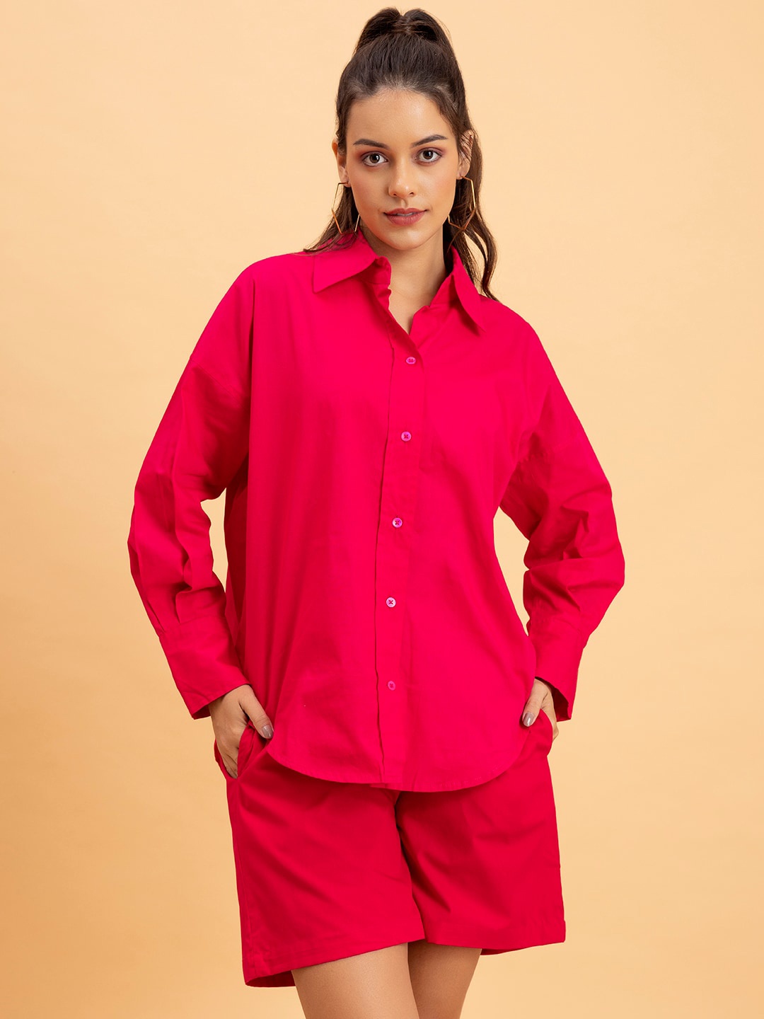 

Lounge Dreams Pure Cotton Shirt-Collar Shirt With Shorts Co-Ords, Pink