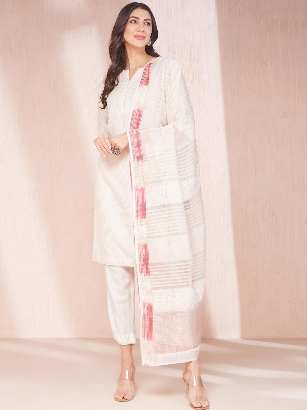 

Fabindia Embroidered Striped Dupatta with Chikankari, Off white
