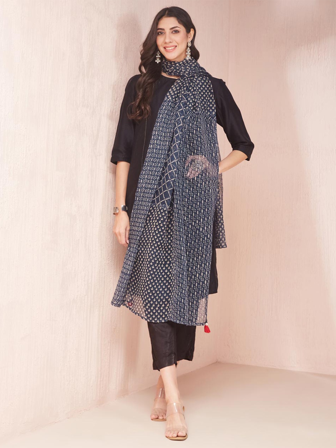 

Fabindia Ethnic Motifs Printed Cotton Silk Block Print Dupatta, Blue