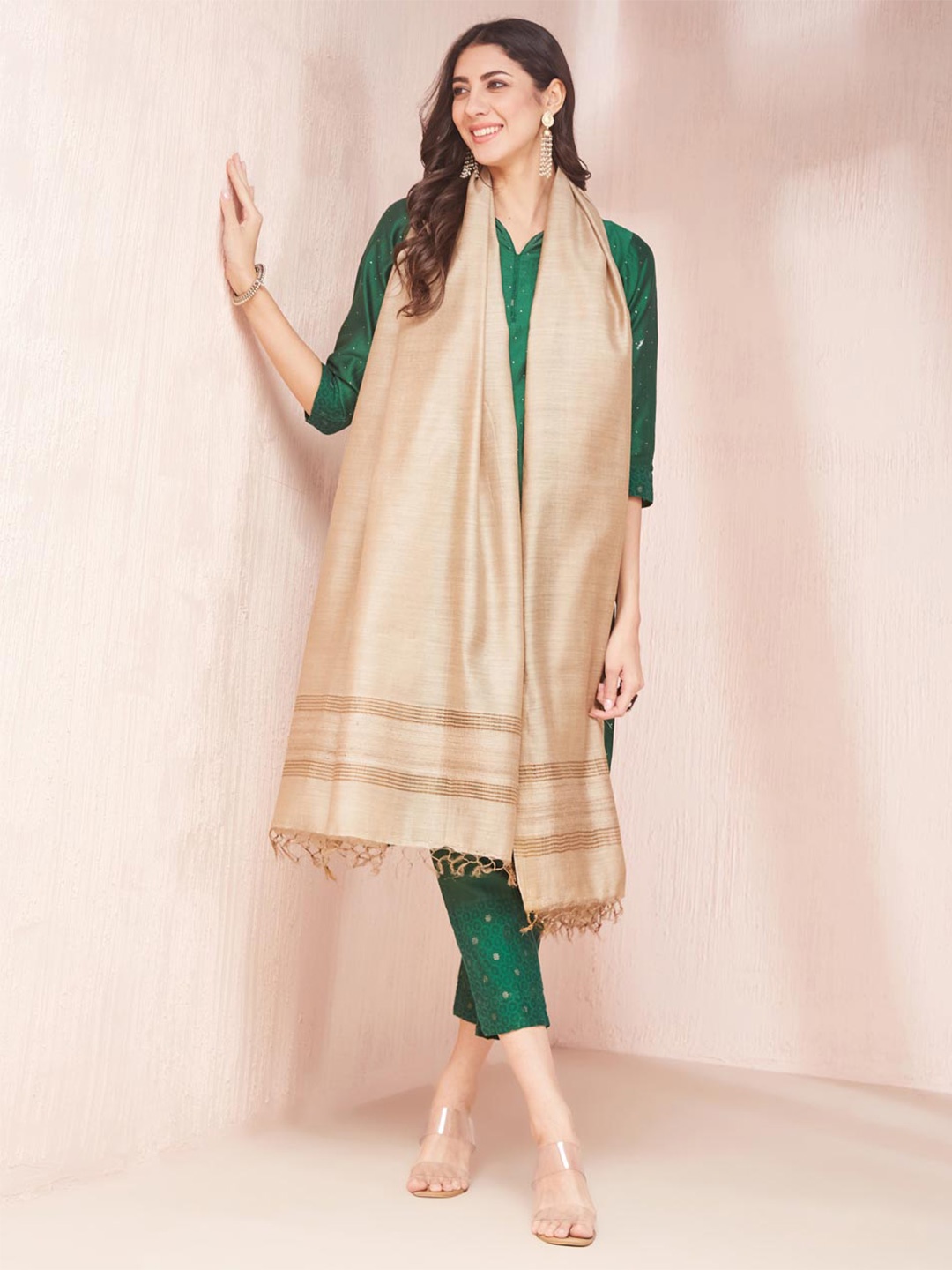 

Fabindia Solid Woven Design Tasselled Dupatta, Beige