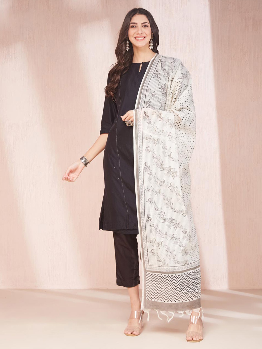 

Fabindia Ethnic Motifs Block Printed Tasselled Dupatta, Beige
