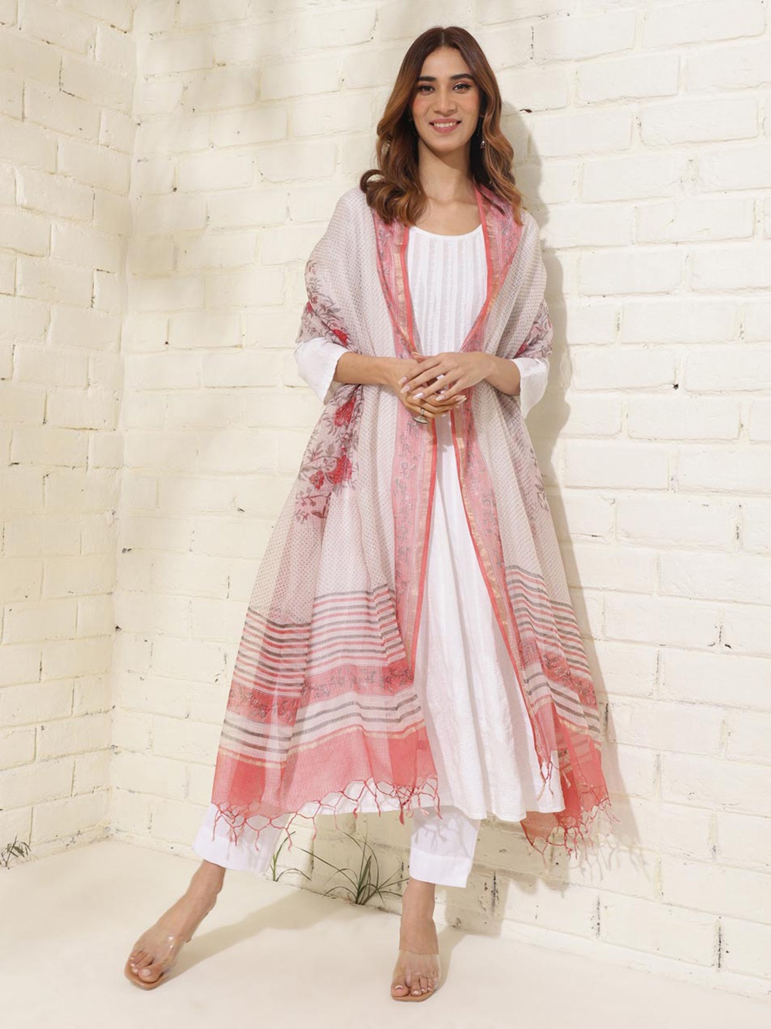 

Fabindia Ethnic Motifs Block Printed Tasselled Dupatta, Coral