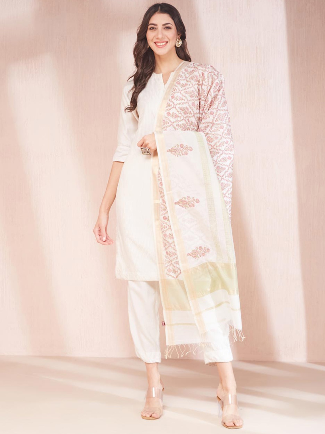 

Fabindia Ethnic Motifs Block Printed Tasselled Dupatta, White