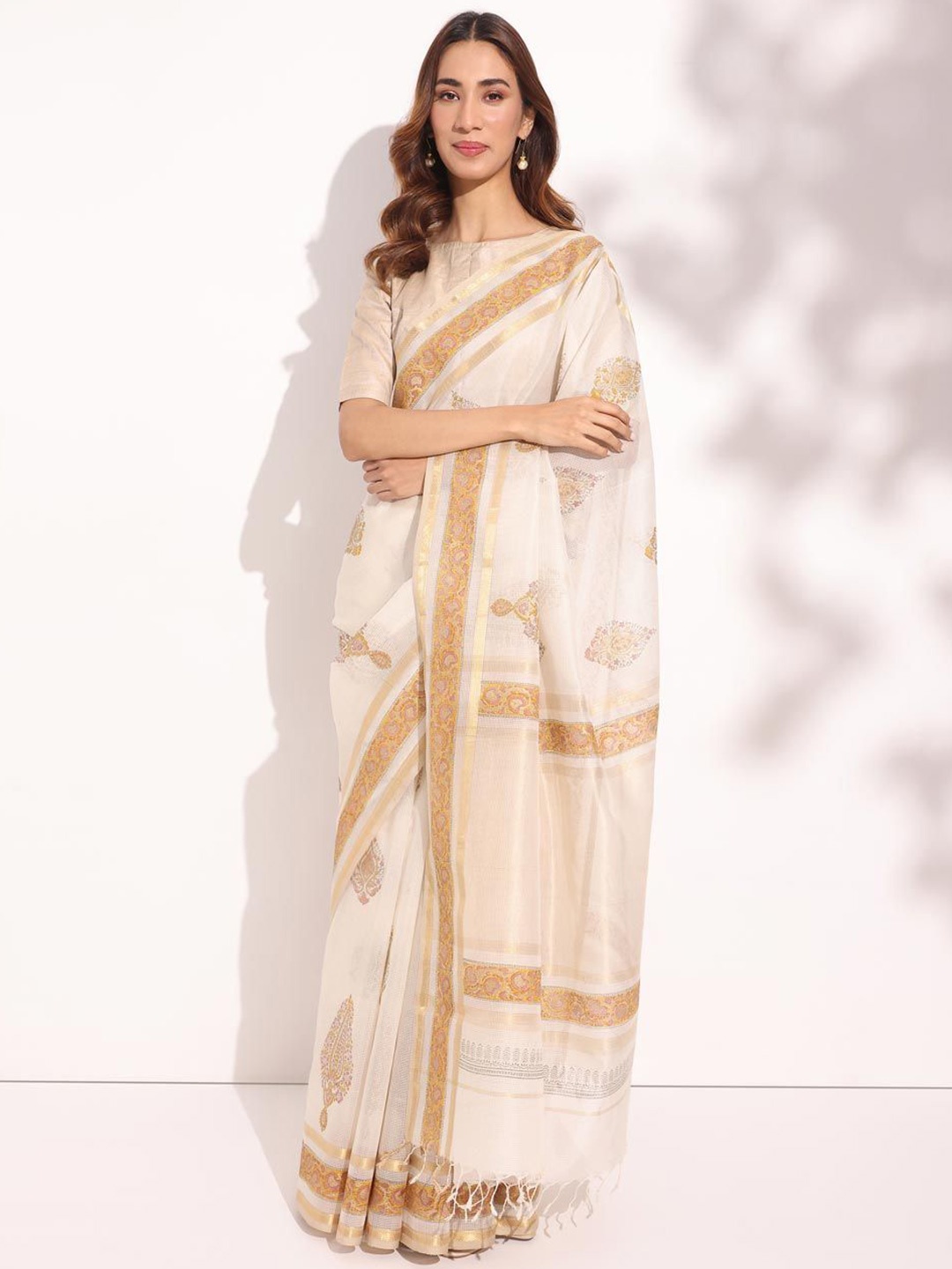 

Fabindia Floral Zari Silk Cotton Block Print Saree, Beige