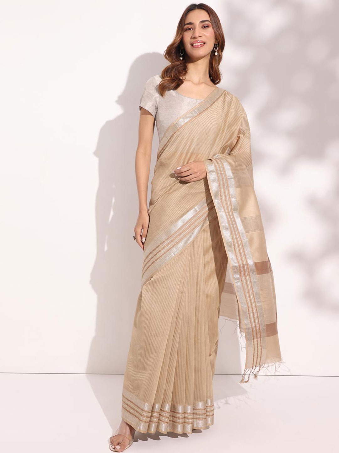 

Fabindia Beige Cotton Silk Blend Sari