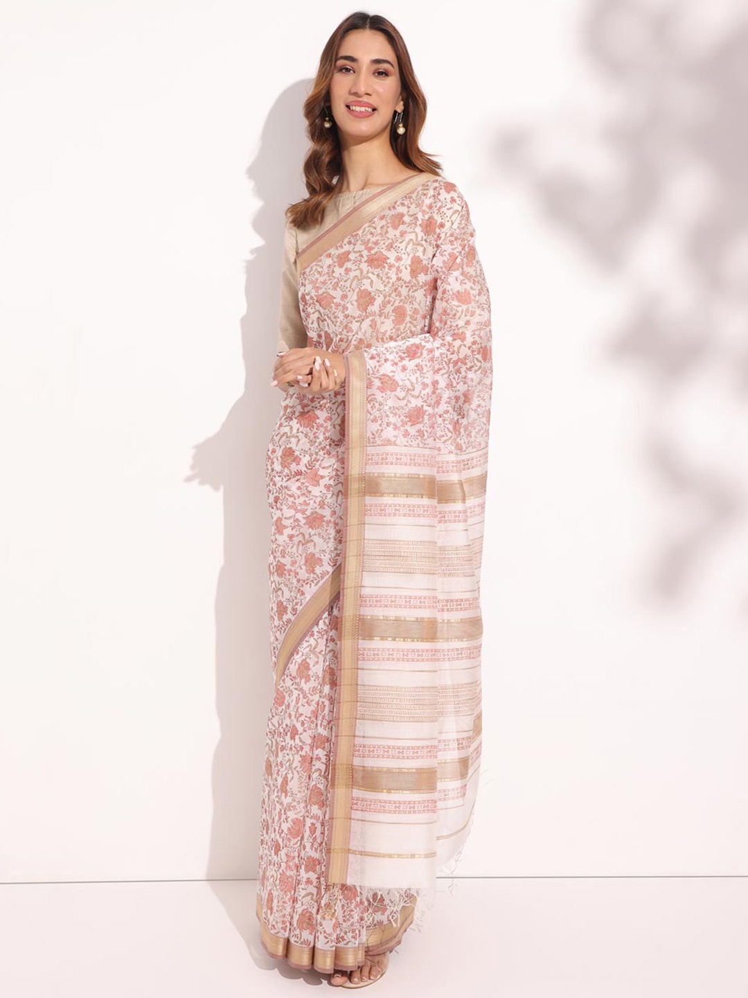 

Fabindia Floral Zari Silk Cotton Block Print Saree, White