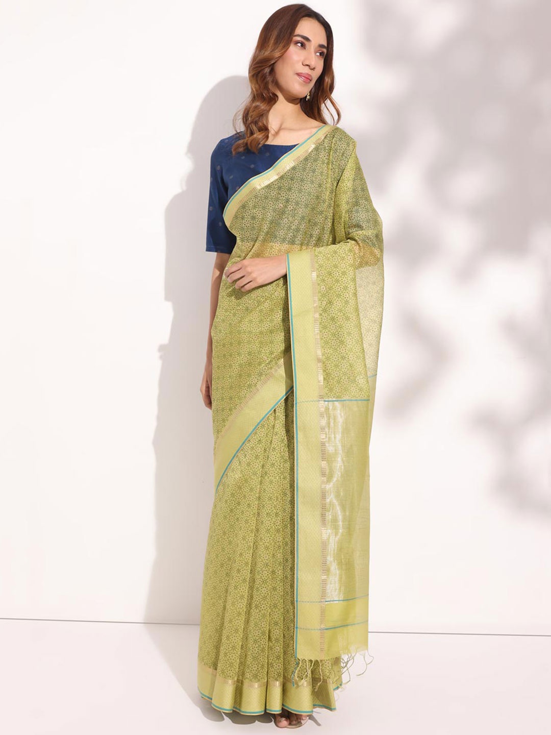 

Fabindia Ethnic Motifs Zari Silk Cotton Block Print Saree, Green