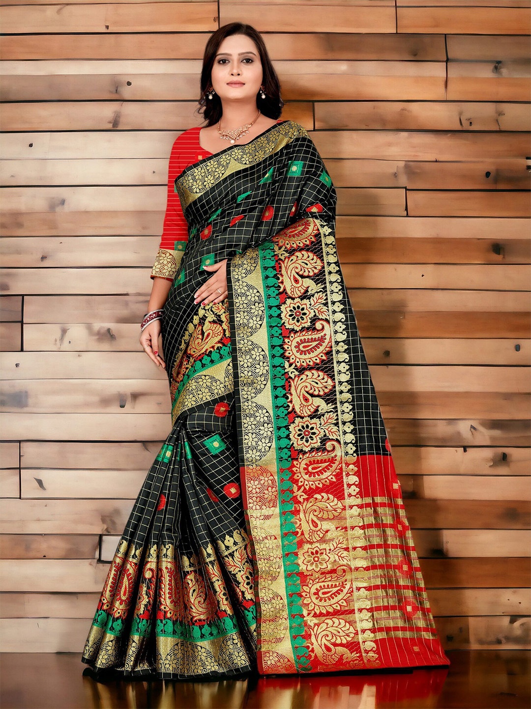 

CARTYSHOP Ethnic Motifs Zari Banarasi Saree, Black