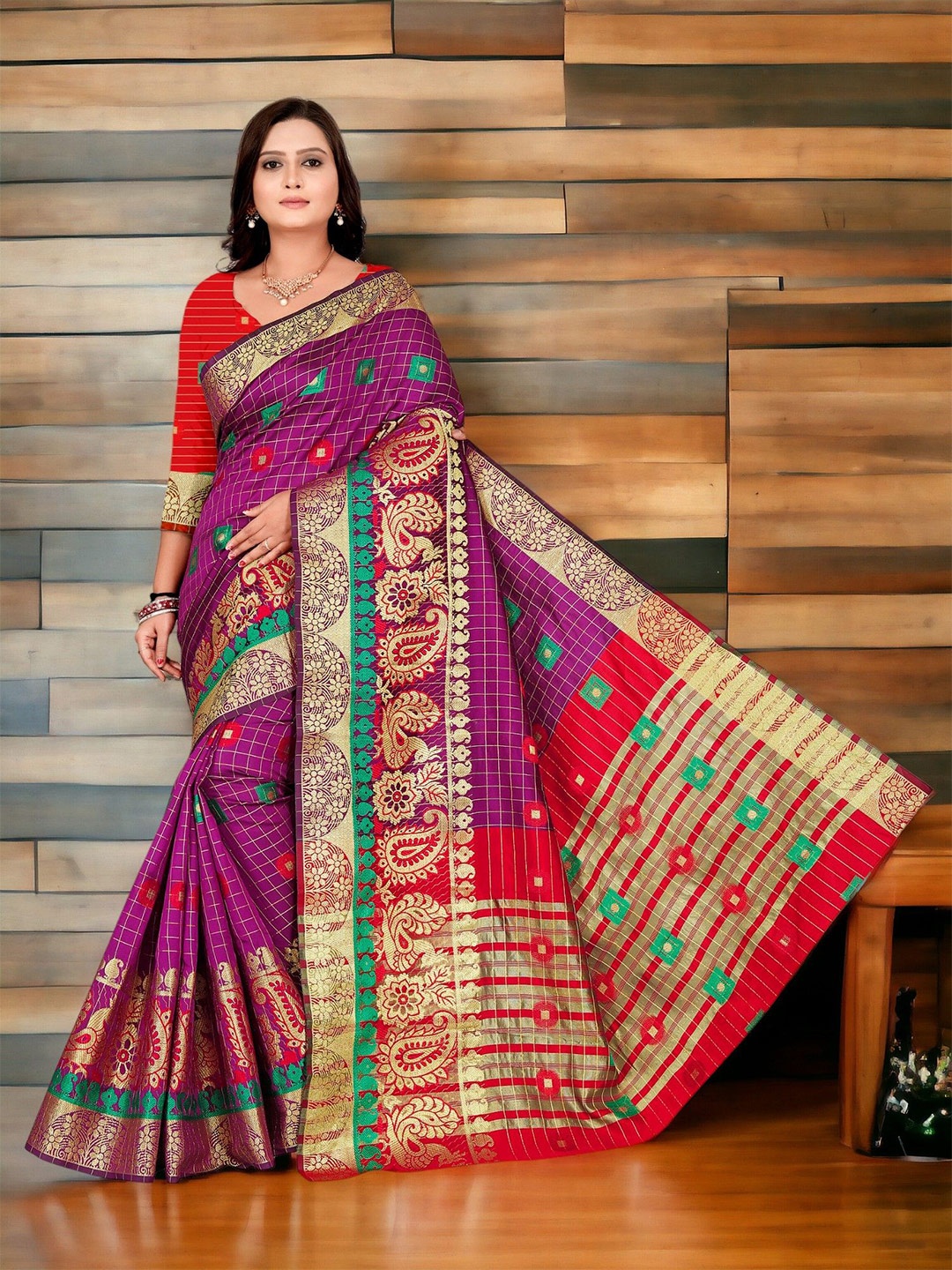 

CARTYSHOP Women Ethnic Motifs Zari Silk Blend Banarasi Saree, Purple