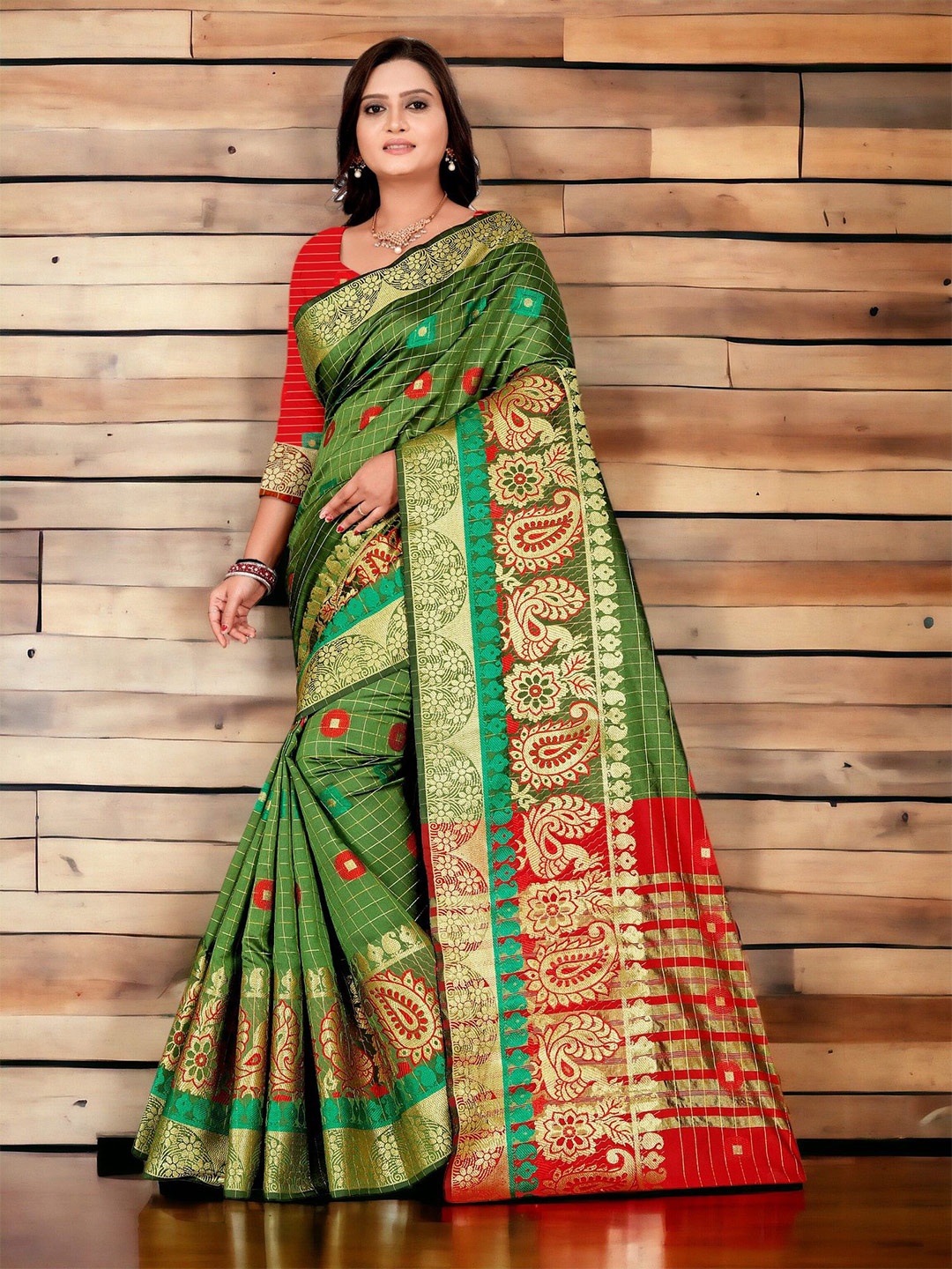 

CARTYSHOP Ethnic Motifs Zari Banarasi Saree, Green