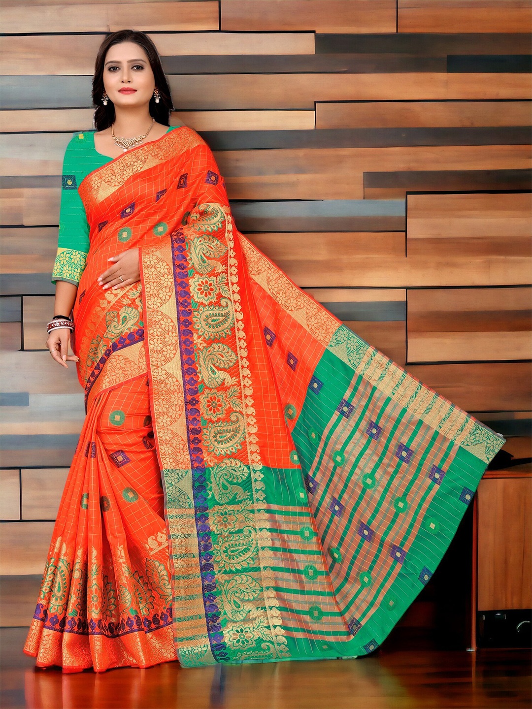 

CARTYSHOP Woven Design Zari Silk Blend Banarasi Saree, Orange