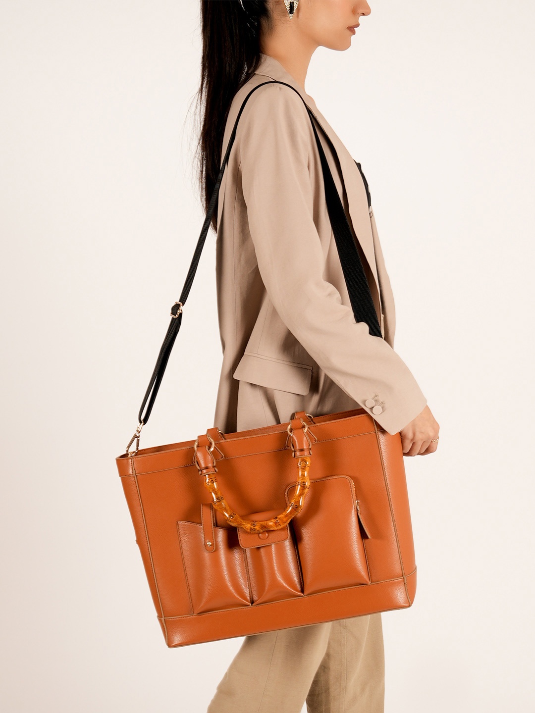 

HIE Women Structured Handheld Bag with Bow Detail, Tan