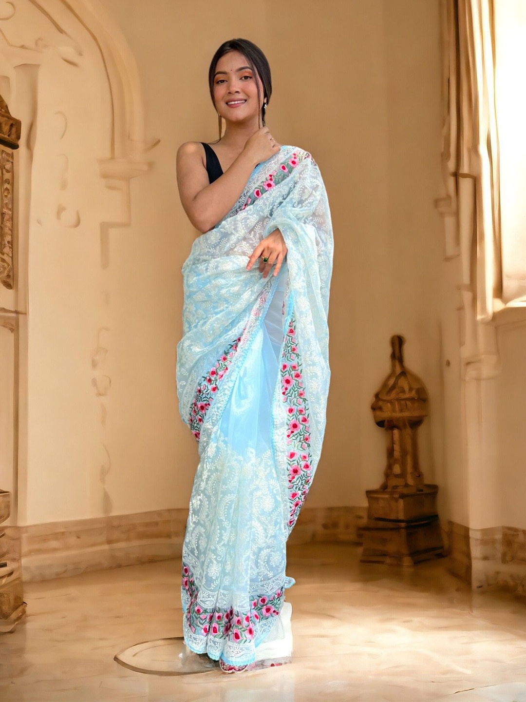 

Vastrasky Global Ethnic Motifs Embroidered Organza Saree, Blue