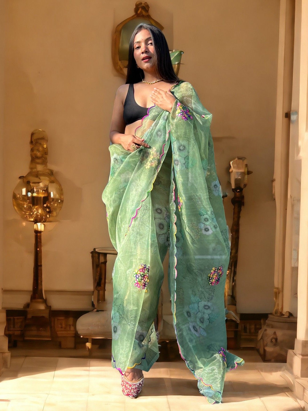 

Vastrasky Global Ethnic Motifs Organza Saree, Green
