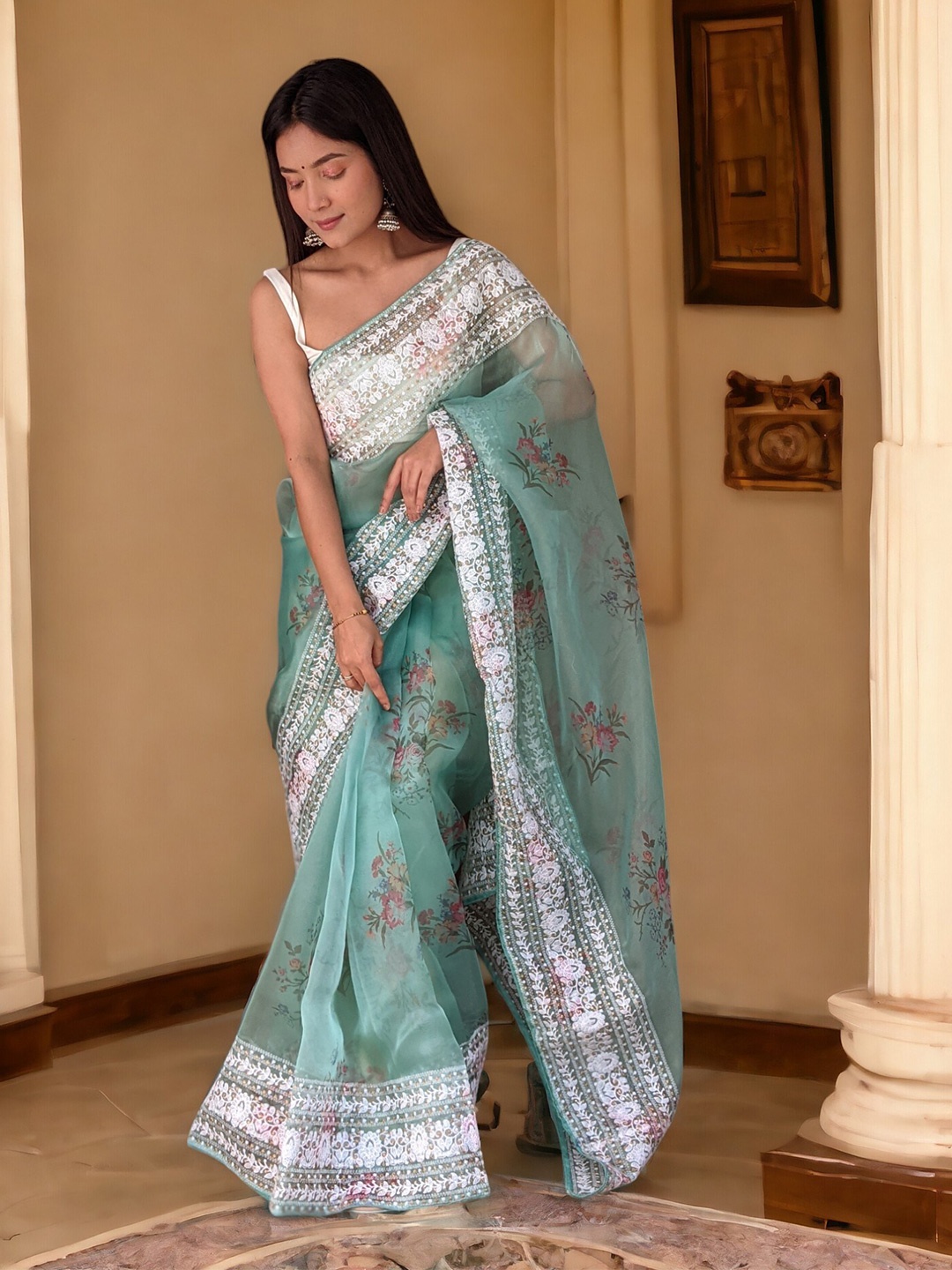 

Vastrasky Global Ethnic Motifs Embroidered Organza Saree, Sea green