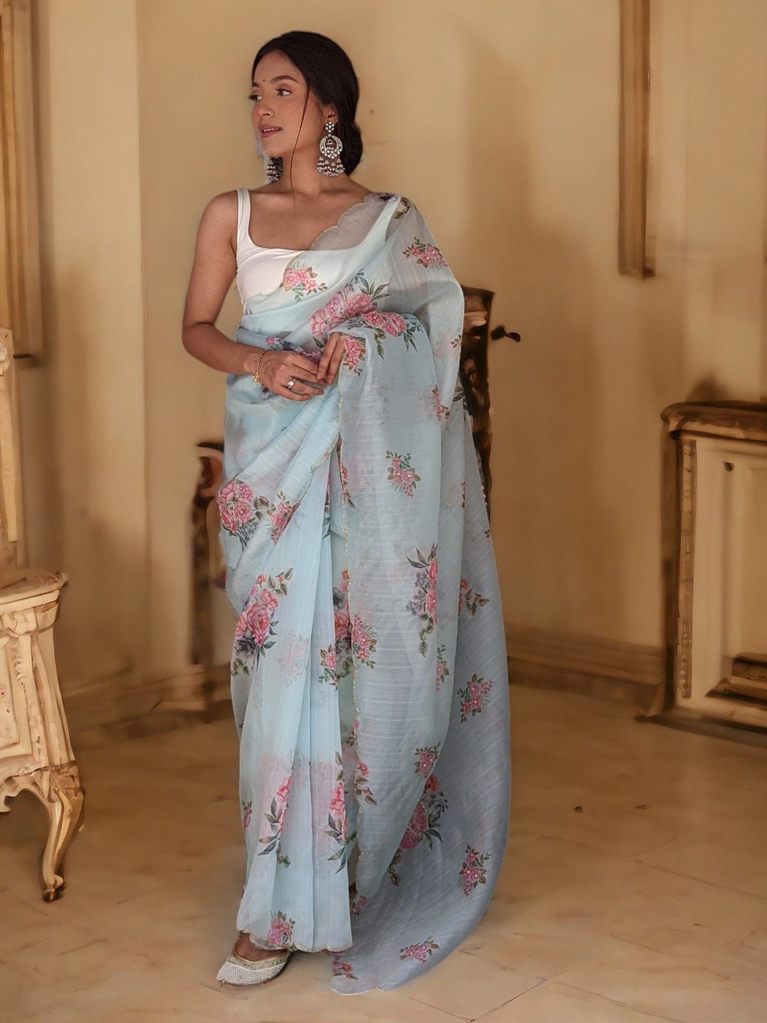 Vastrasky Global Ethnic Motifs Mirror Work Organza Saree, Sea green