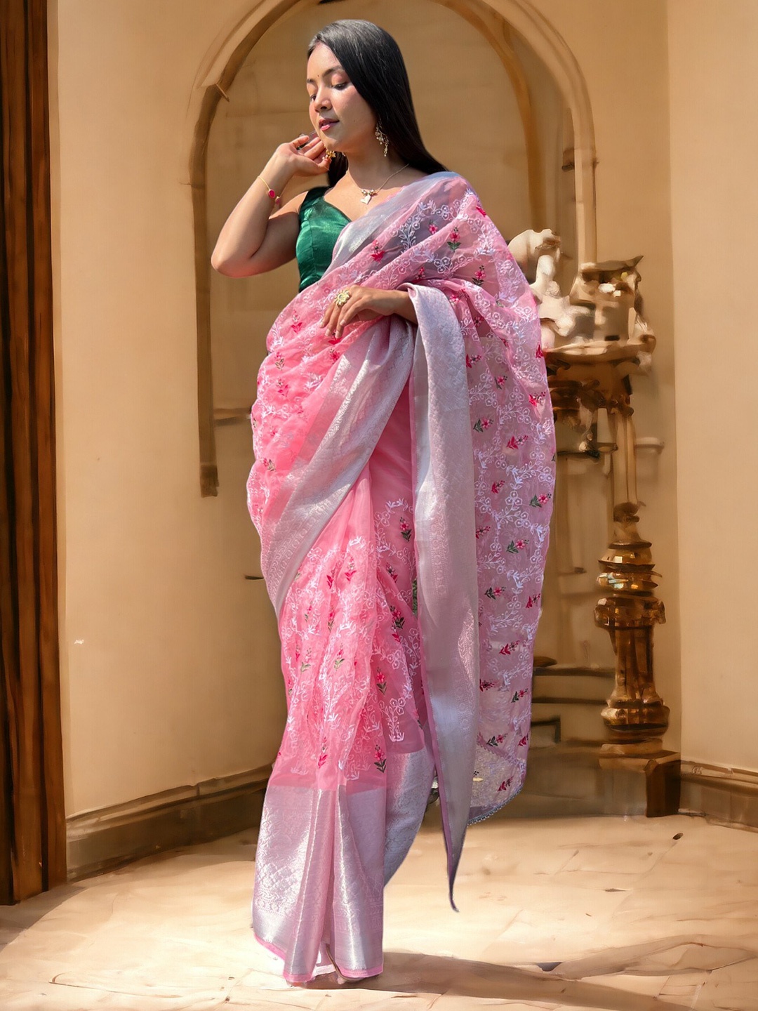 

Vastrasky Global Ethnic Motifs Embroidered Organza Saree, Pink