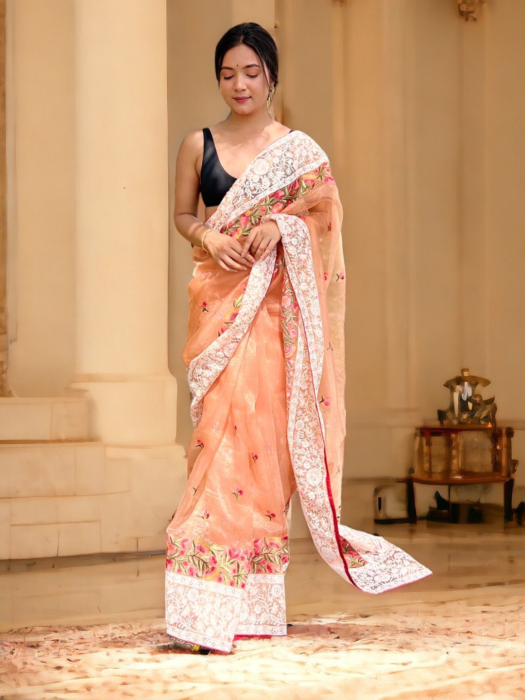 

Vastrasky Global Floral Embroidered Organza Saree, Orange