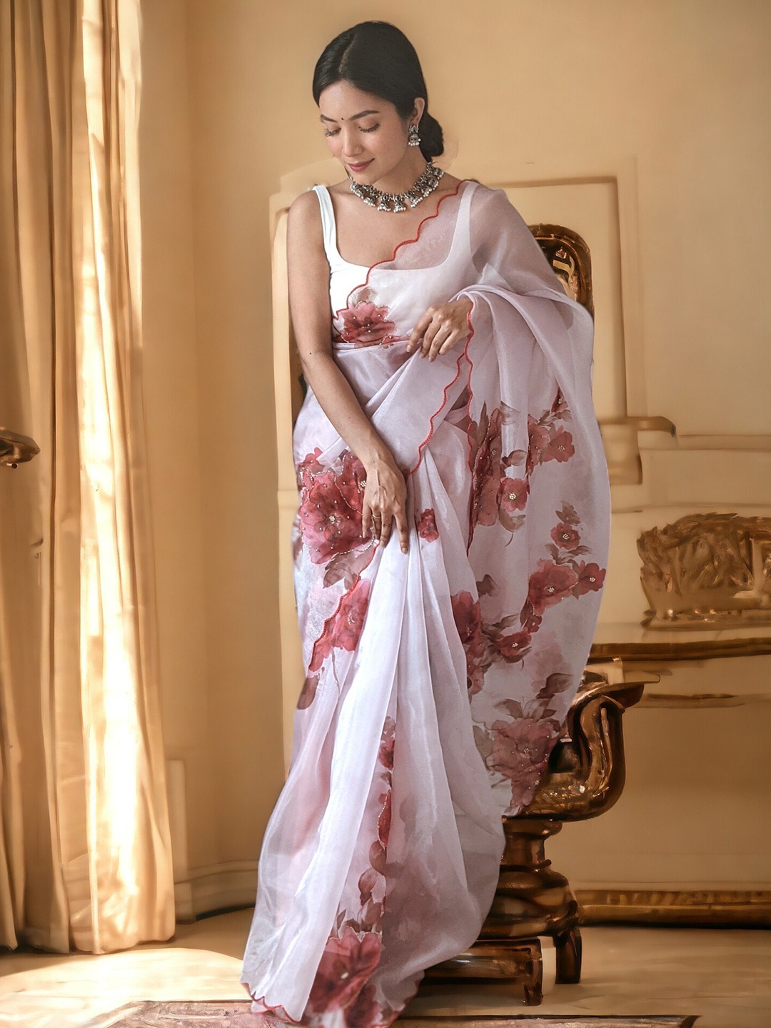 

Vastrasky Global Ethnic Motifs Beads and Stones Organza Saree, Pink
