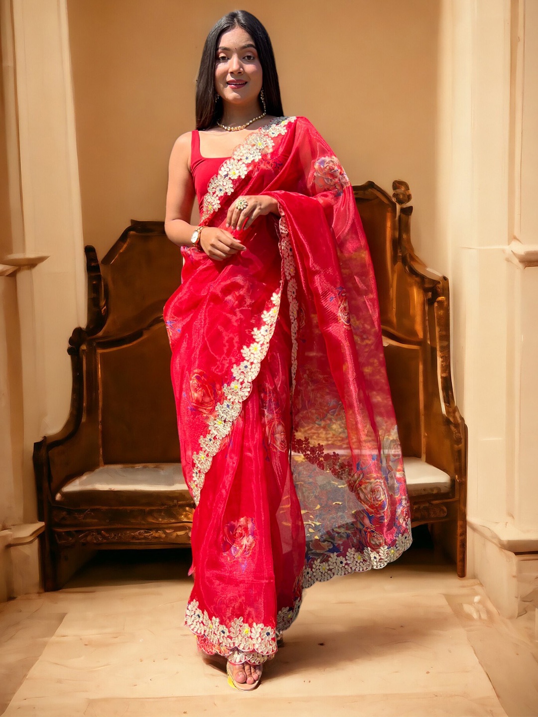 

Vastrasky Global Floral Embroidered Organza Saree, Red