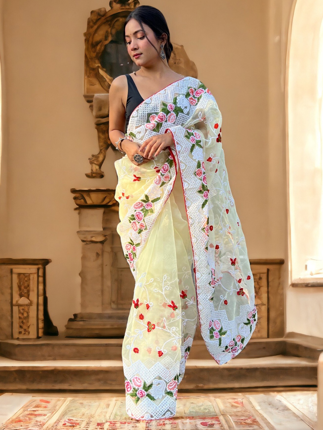 

Vastrasky Global Ethnic Motifs Embroidered Organza Saree, Yellow
