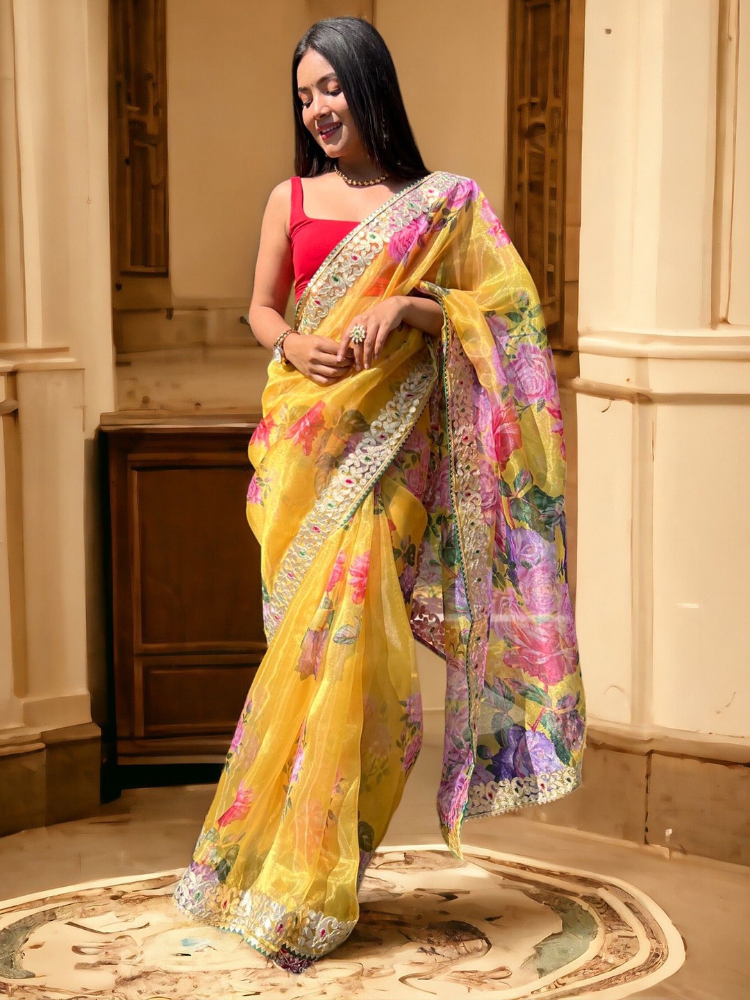 

Vastrasky Global Ethnic Motifs Gotta Patti Organza Saree, Yellow