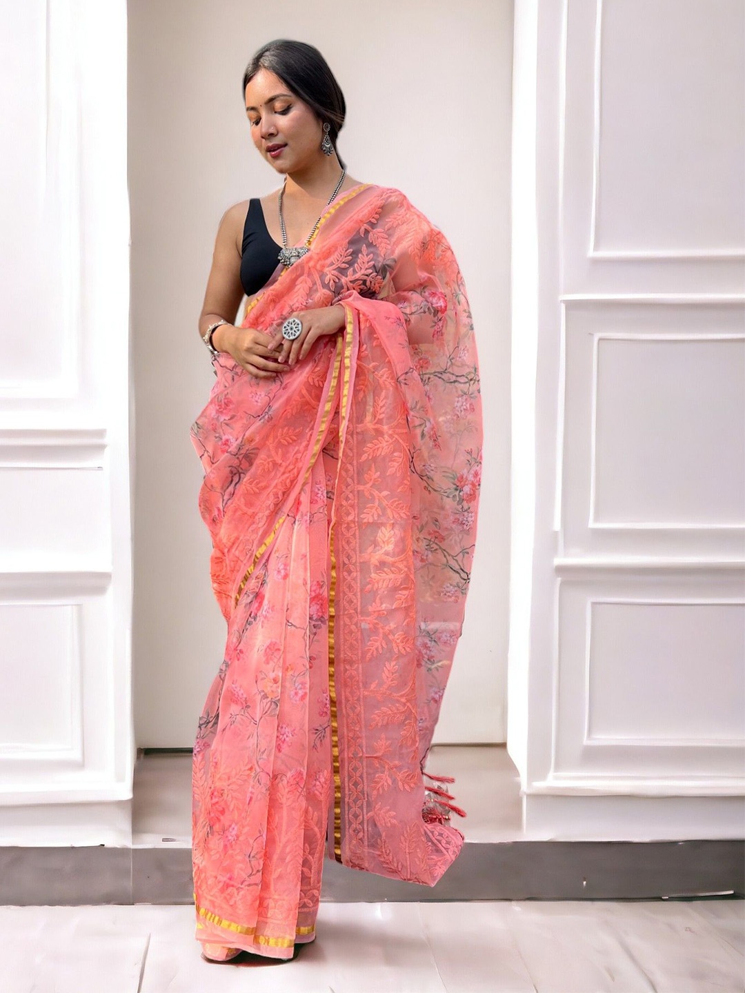 

Vastrasky Global Ethnic Motifs Embroidered Organza Saree, Peach