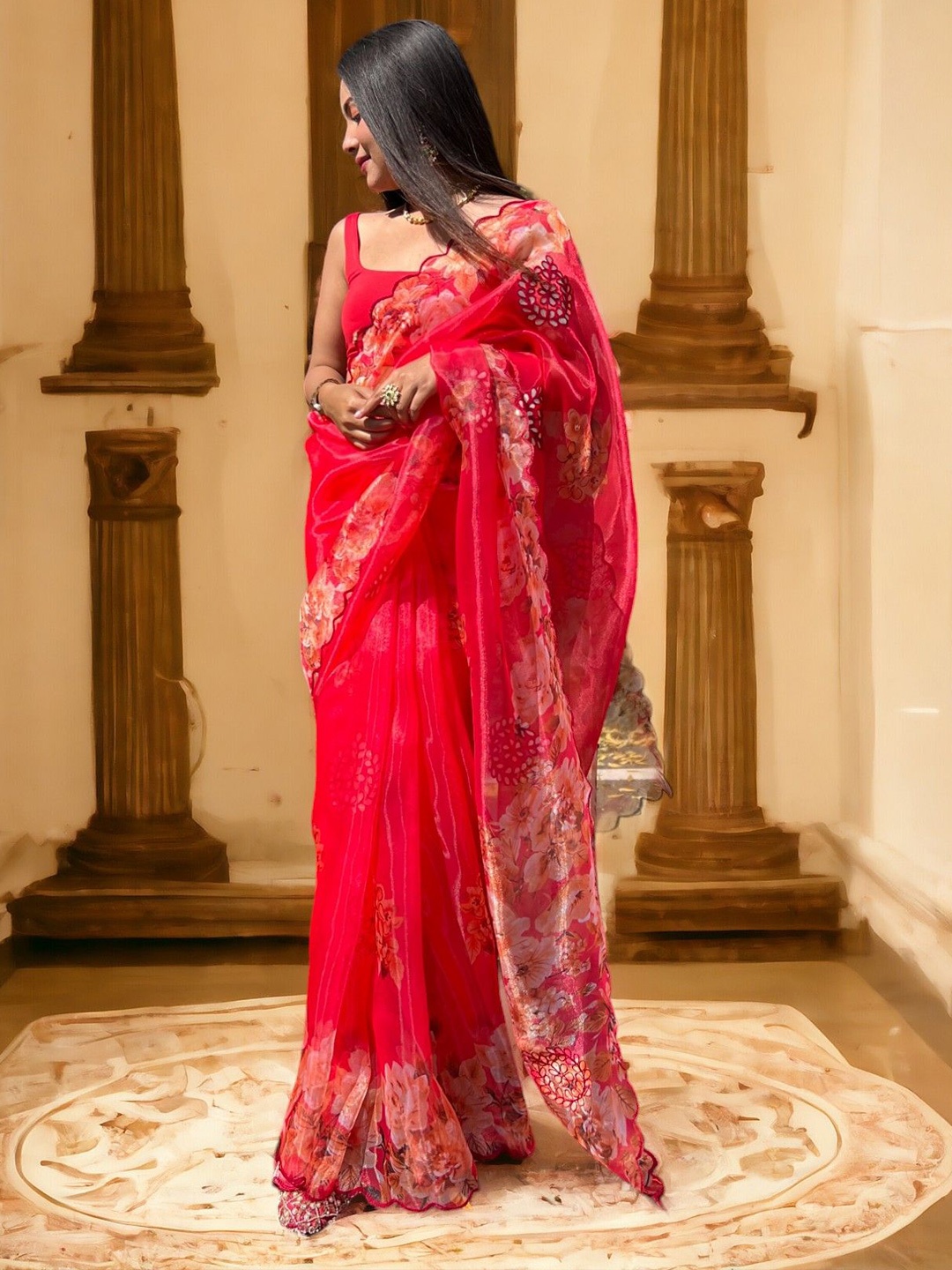 

Vastrasky Global Ethnic Motifs Embroidered Organza Saree, Pink