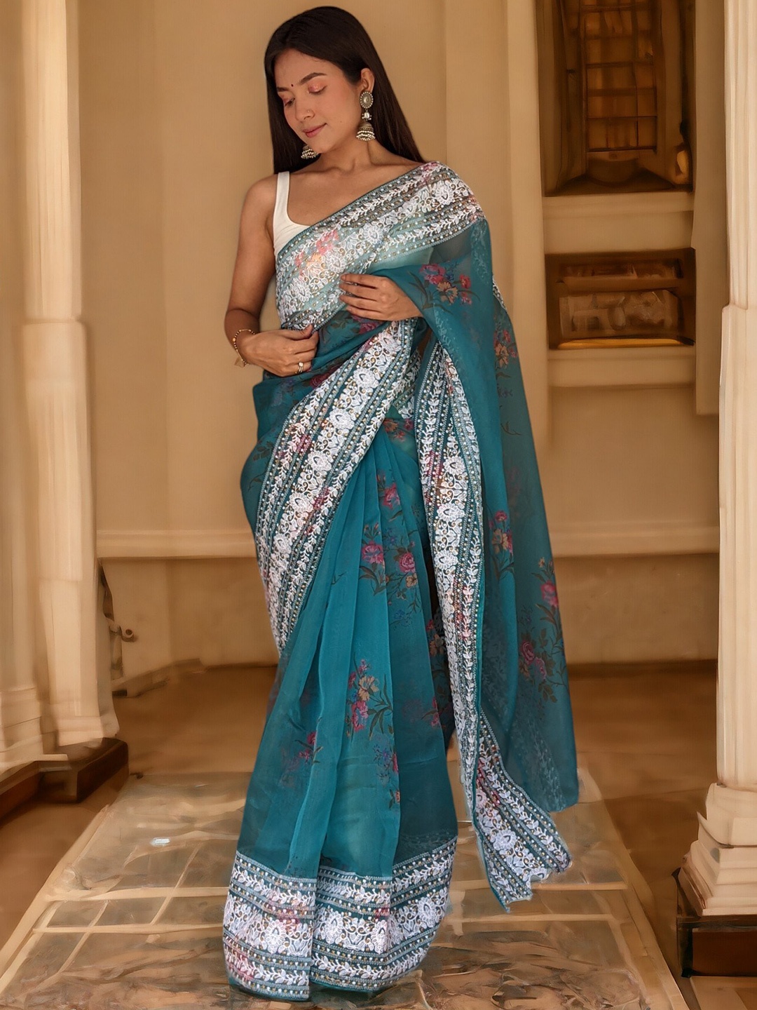 

Vastrasky Global Ethnic Motifs Embroidered Organza Saree, Blue
