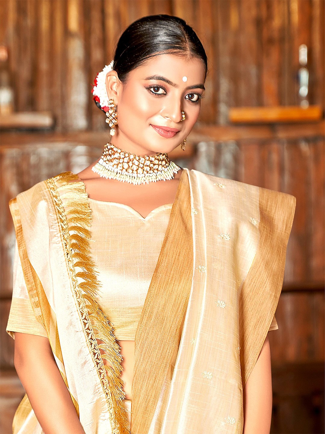 

ALAGINI Woven Design Zari Silk Cotton Chanderi Saree, Off white