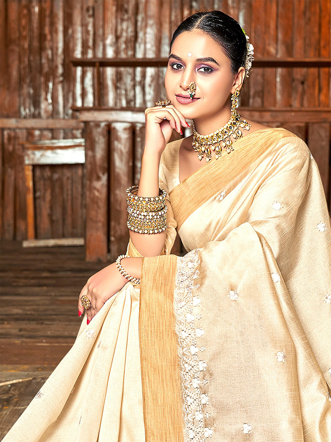

ALAGINI Ethnic Motifs Zari Silk Cotton Chanderi Saree, Off white