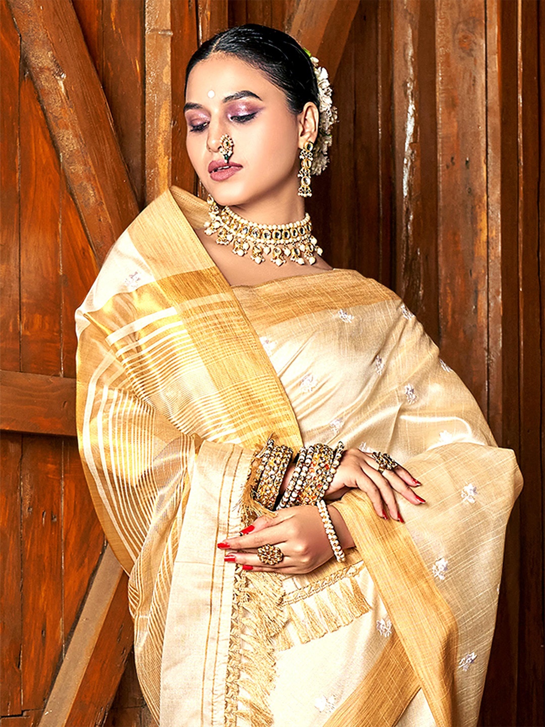 

ALAGINI Ethnic Motifs Zari Silk Cotton Chanderi Saree, Off white