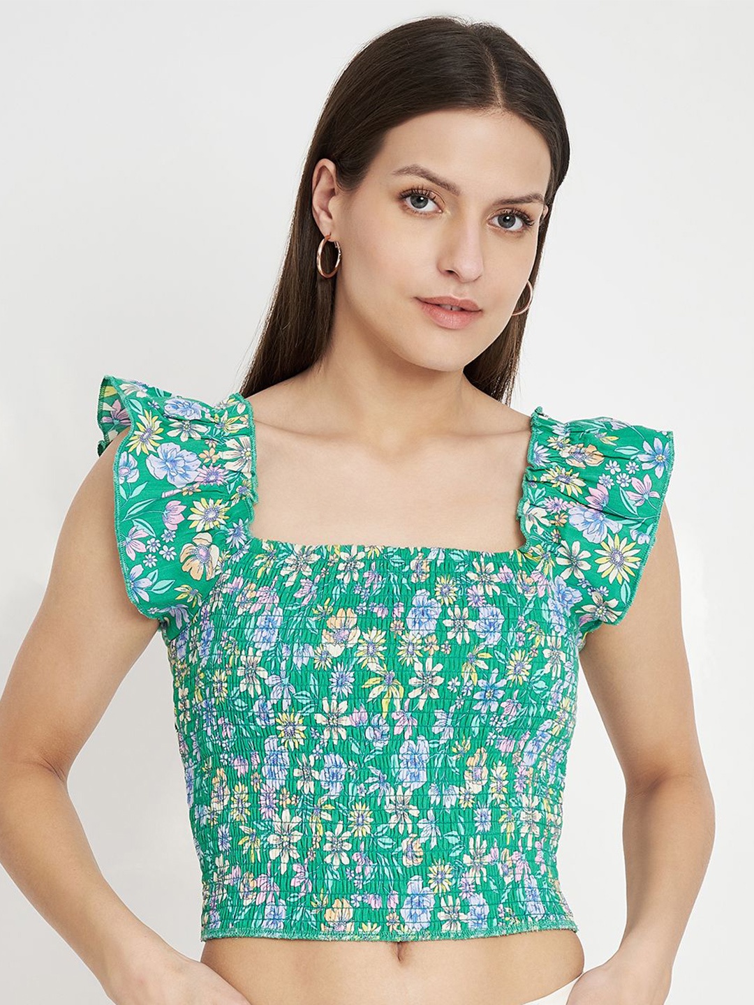 

CHARMGAL Floral Print Flutter Sleeve Smocked Crop Top, Green