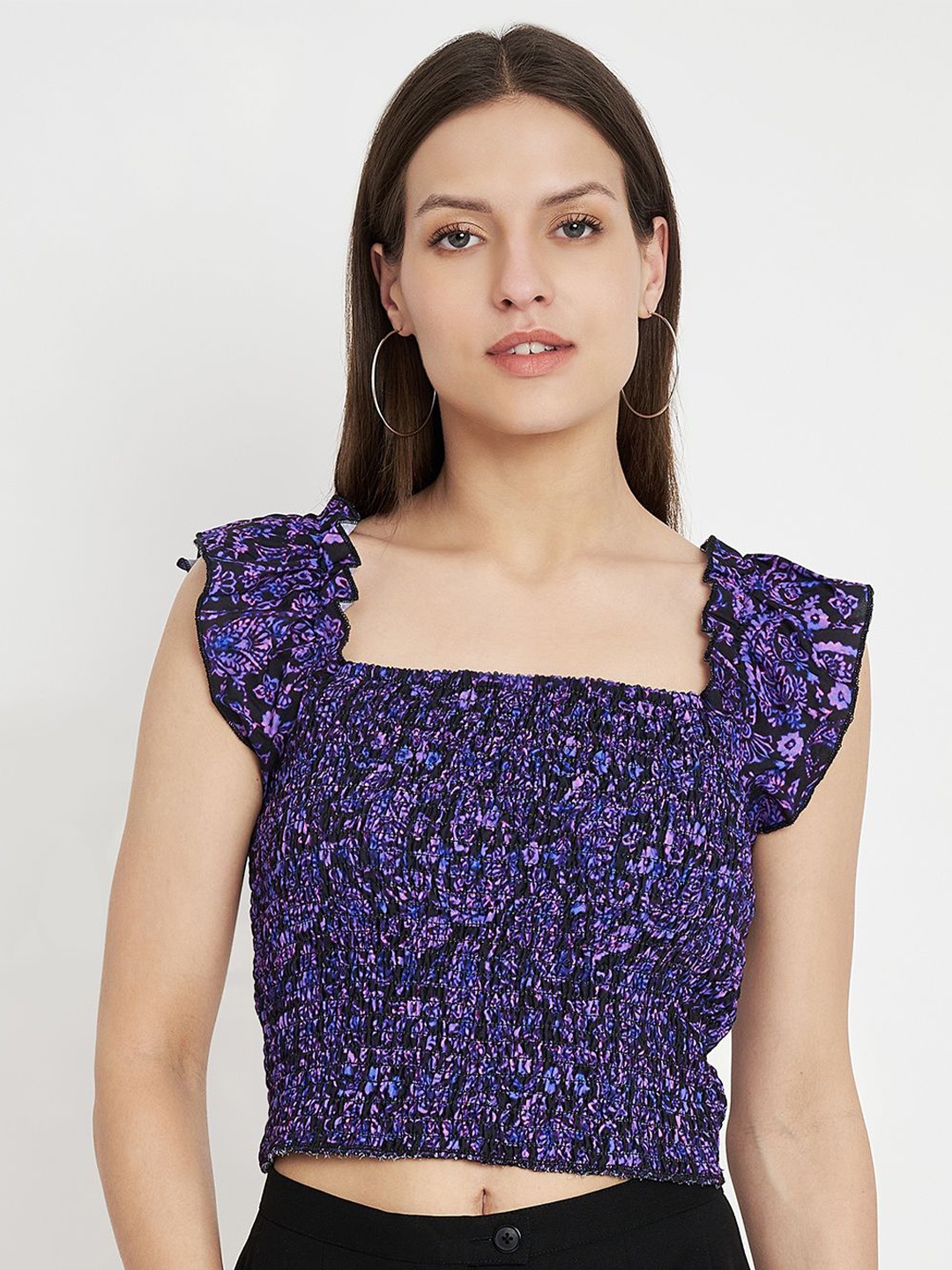 

CHARMGAL Floral Print Flutter Sleeve Smocked Crop Top, Purple