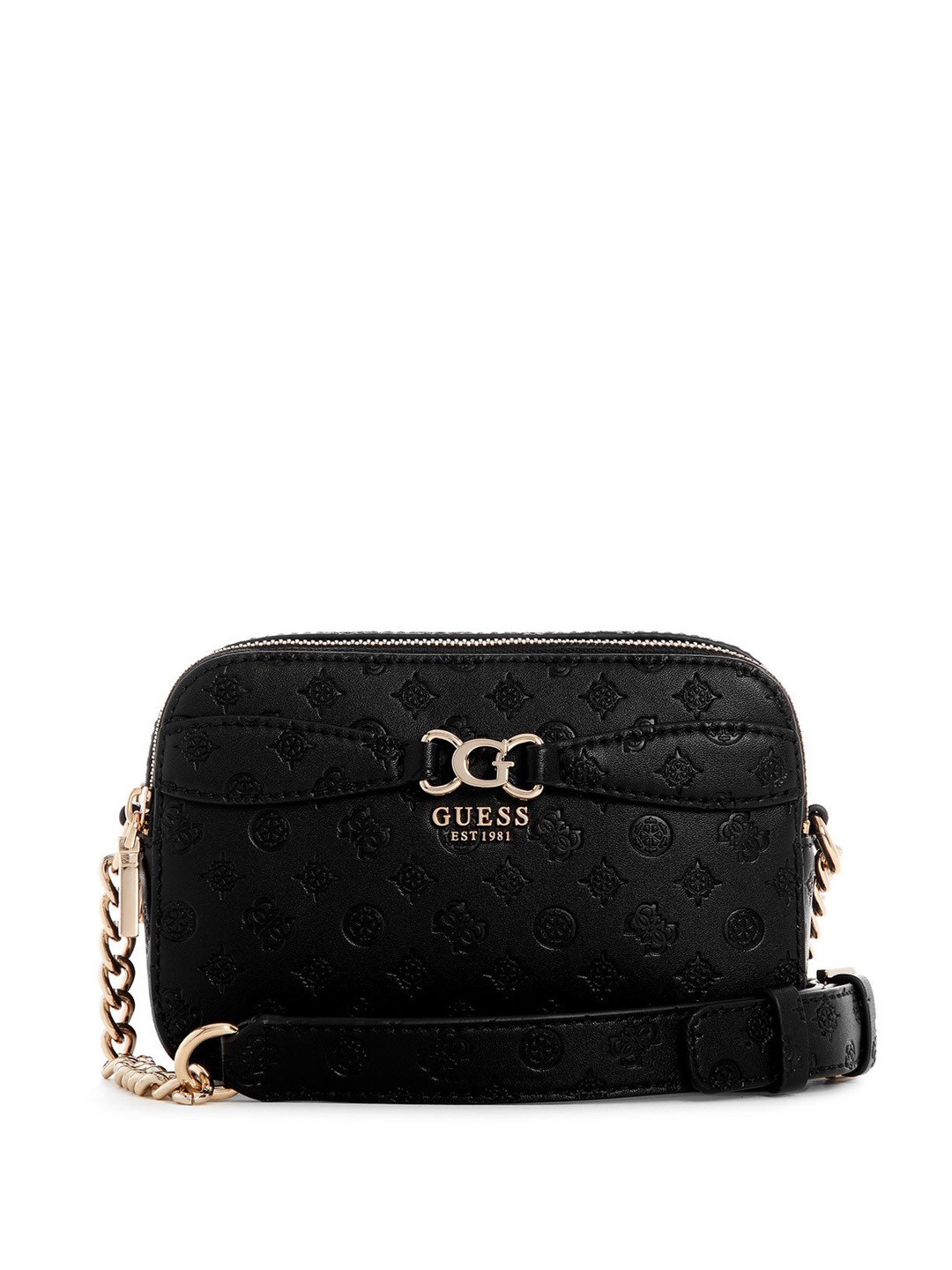 

GUESS Textured Embellished Buckle Detail PU Structured Shoulder Bag, Black