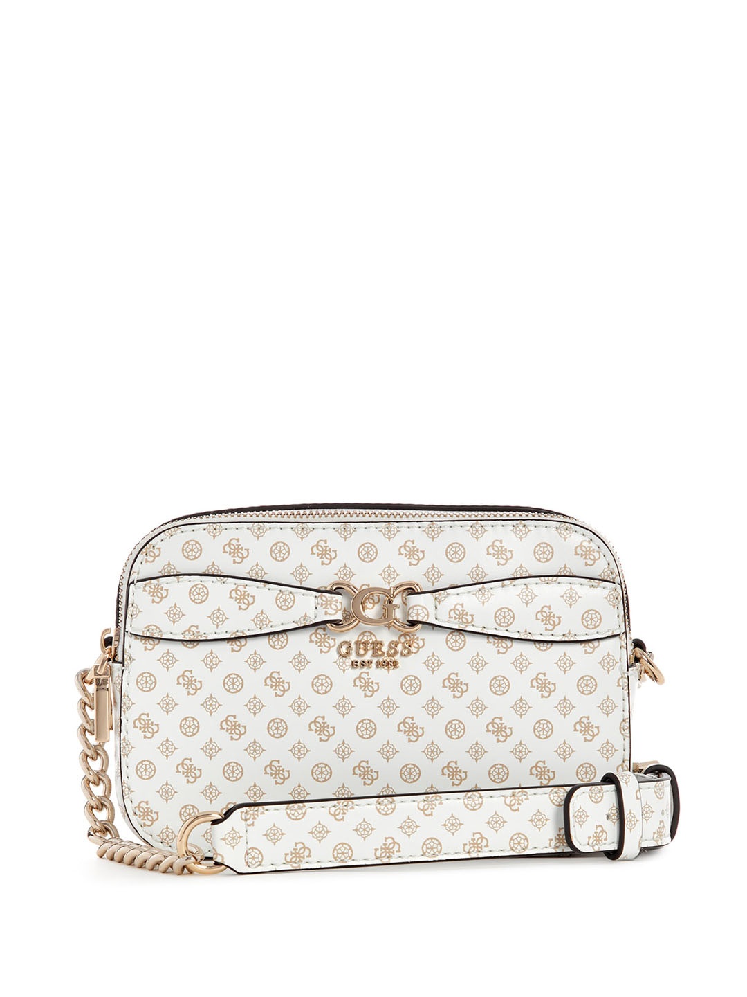 

GUESS PU Ethnic Motifs Printed Structured Sling Bag with Bow Detail, White