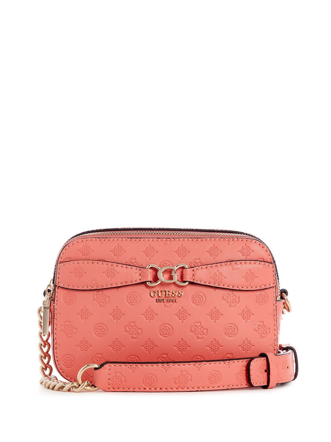 

GUESS Ethnic Motifs Colourblocked PU Structured Sling Bag, Coral