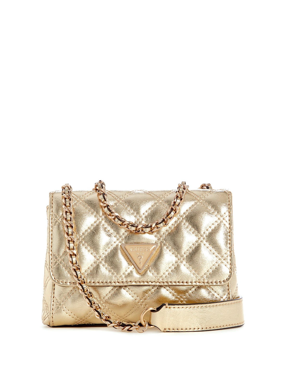 

GUESS Women Solid PU Structured Quilted Sling Bag, Gold
