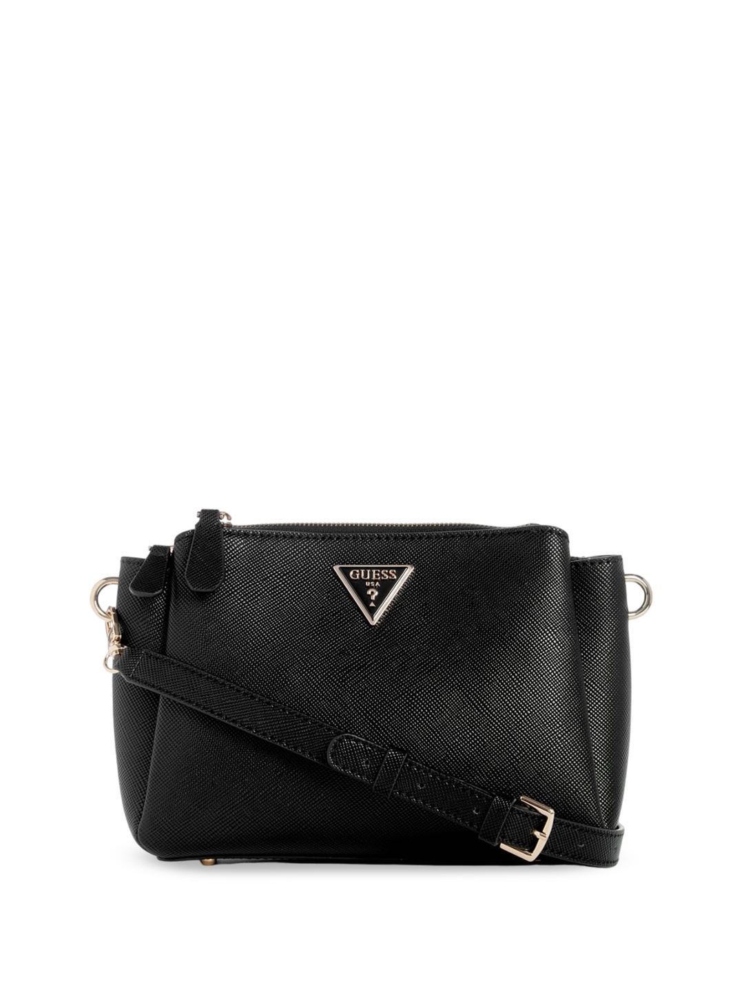 

GUESS Textured Self Design PU Structured Sling Bag with Tasselled, Black